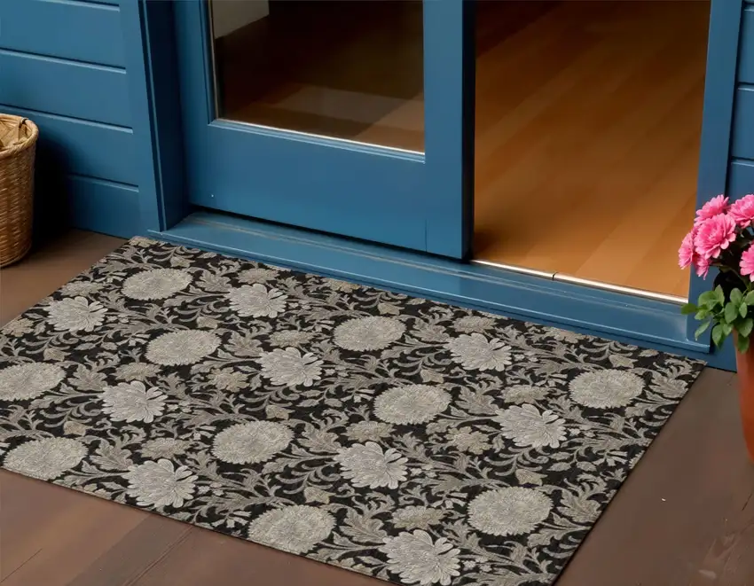 Black Taupe And Beige Floral Washable Indoor Outdoor Area Rug Photo 1