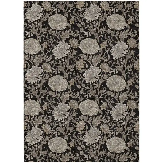 Black Taupe And Beige Floral Washable Indoor Outdoor Area Rug Photo 2