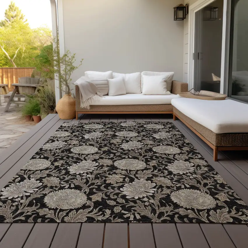 Black Taupe And Beige Floral Washable Indoor Outdoor Area Rug Photo 8