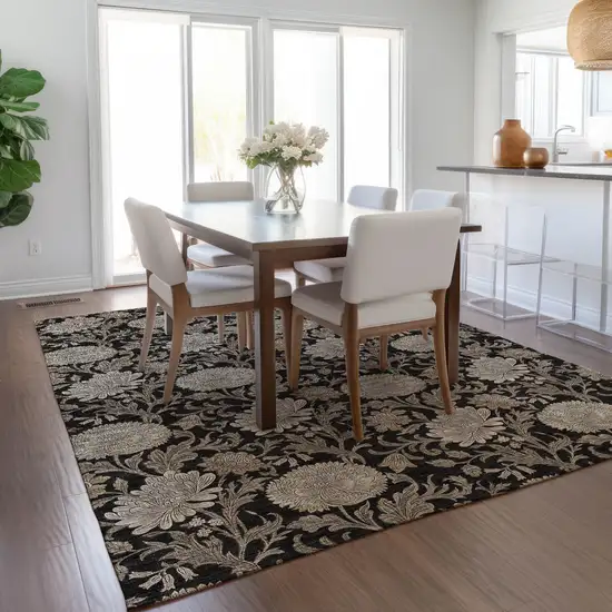 Black Taupe And Beige Floral Washable Indoor Outdoor Area Rug Photo 9