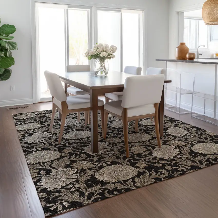 Black Taupe And Beige Floral Washable Indoor Outdoor Area Rug Photo 9