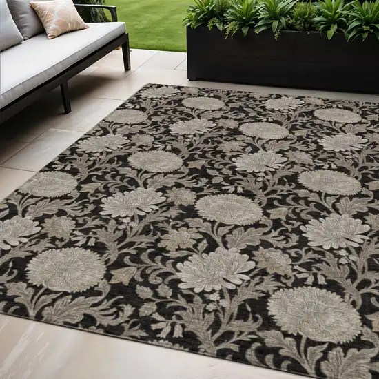 Black Taupe And Beige Floral Washable Indoor Outdoor Area Rug Photo 1