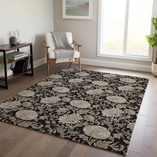 Black Taupe And Beige Floral Washable Indoor Outdoor Area Rug Photo 9