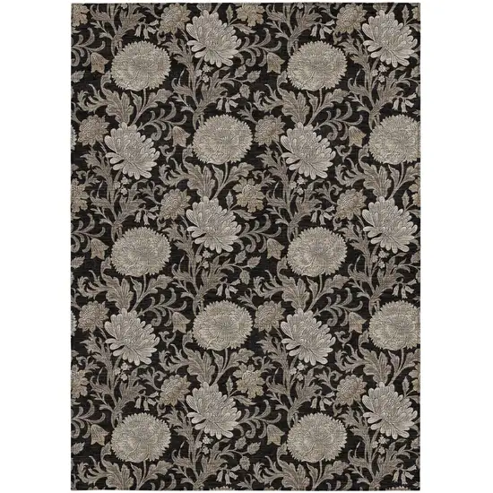 Black Taupe And Beige Floral Washable Indoor Outdoor Area Rug Photo 8