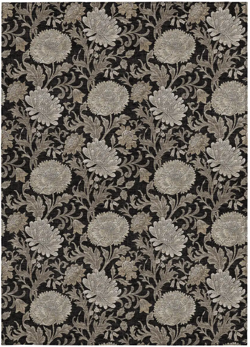 Black Taupe And Beige Floral Washable Indoor Outdoor Area Rug Photo 8
