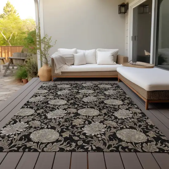 Black Taupe And Beige Floral Washable Indoor Outdoor Area Rug Photo 9