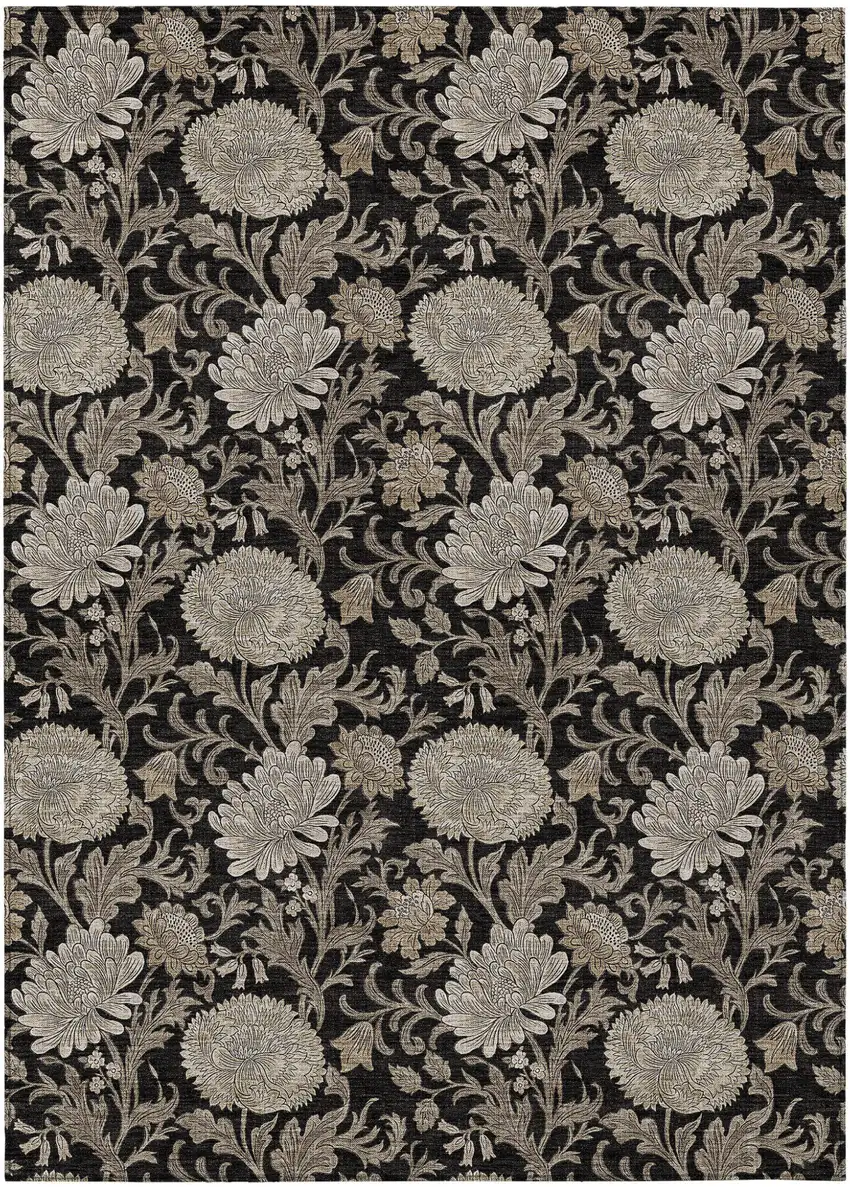 Black Taupe And Beige Floral Washable Indoor Outdoor Area Rug Photo 2