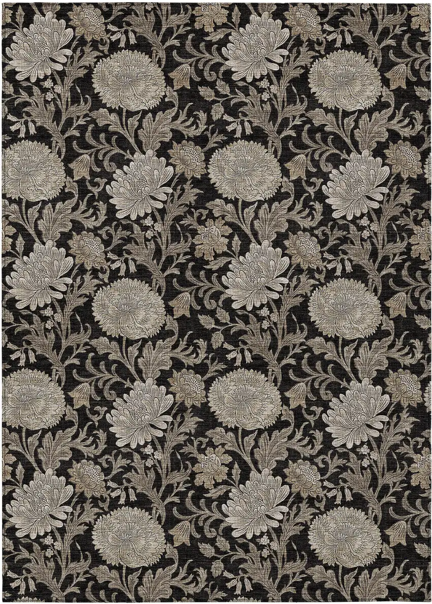 Black Taupe And Beige Floral Washable Indoor Outdoor Area Rug Photo 2