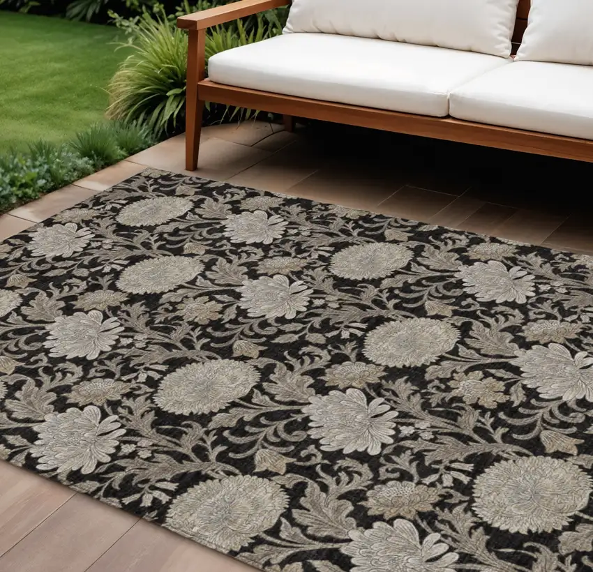 Black Taupe And Beige Floral Washable Indoor Outdoor Area Rug Photo 1