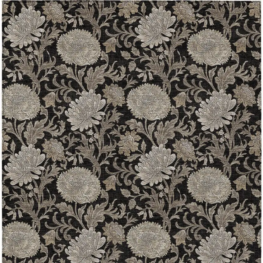 Black Taupe And Beige Floral Washable Indoor Outdoor Area Rug Photo 8