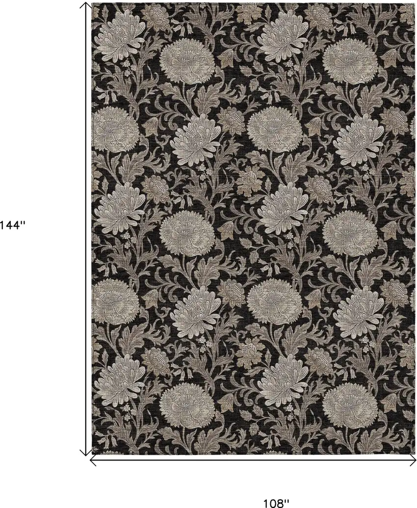Black Taupe And Beige Floral Washable Indoor Outdoor Area Rug Photo 3