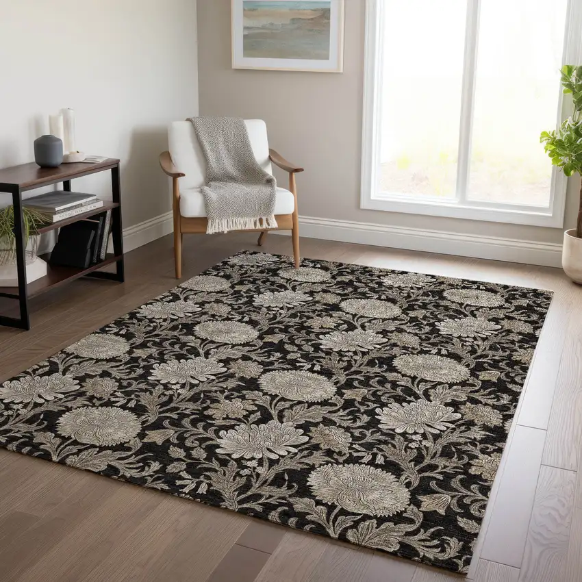 Black Taupe And Beige Floral Washable Indoor Outdoor Area Rug Photo 9