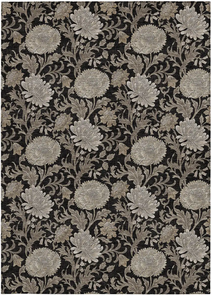 Black Taupe And Beige Floral Washable Indoor Outdoor Area Rug Photo 8