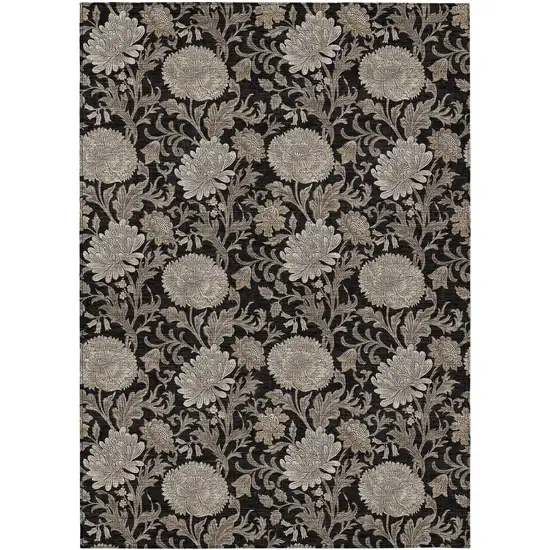 Black Taupe And Beige Floral Washable Indoor Outdoor Area Rug Photo 2