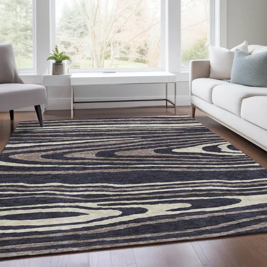 Black Taupe And Beige Woodland Lodge Washable Area Rug With UV Protection Photo 5