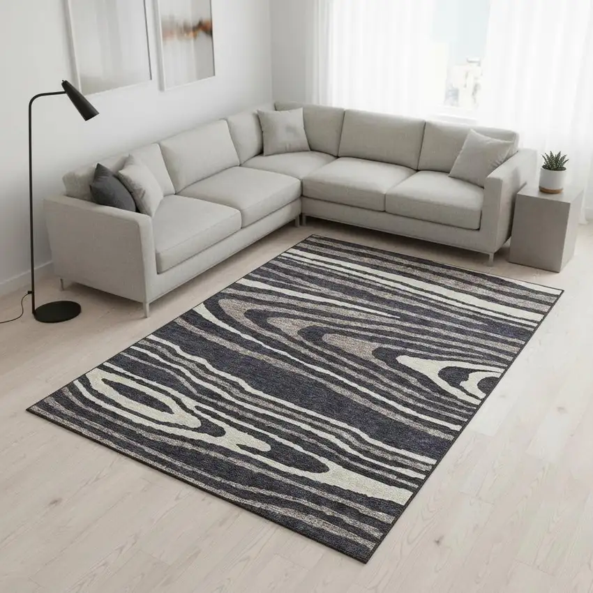 Black Taupe And Beige Woodland Lodge Washable Area Rug With UV Protection Photo 2