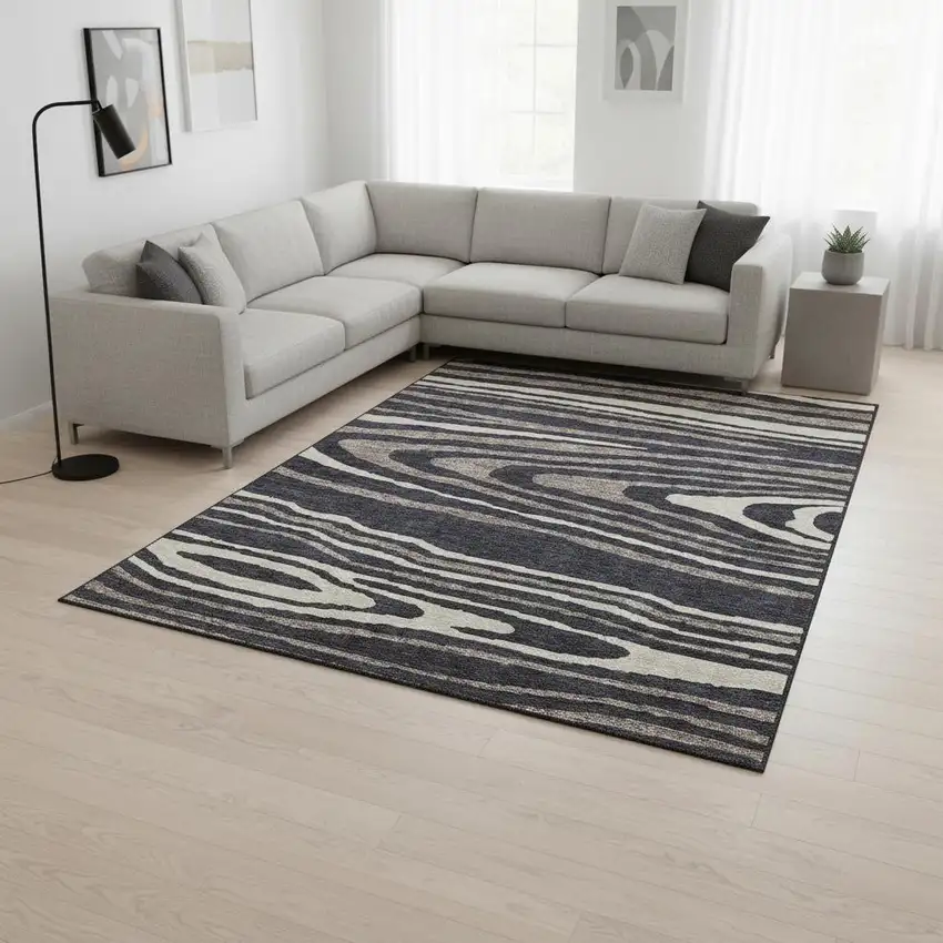 Black Taupe And Beige Woodland Lodge Washable Area Rug With UV Protection Photo 2