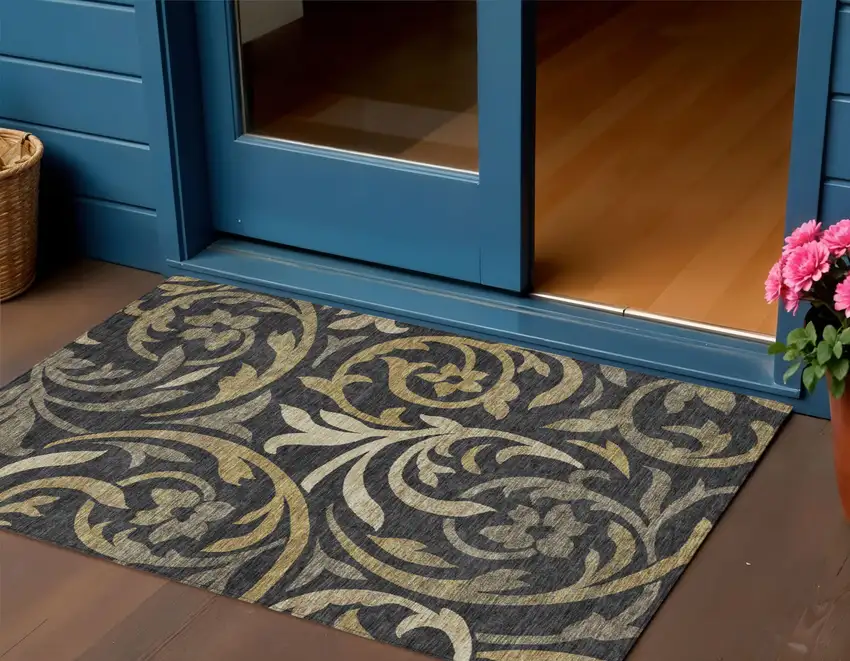 Black Taupe And Gold Floral Washable Indoor Outdoor Area Rug Photo 1