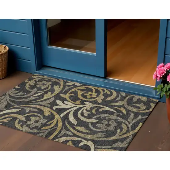Black Taupe And Gold Floral Washable Indoor Outdoor Area Rug Photo 1