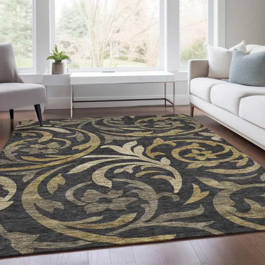Black Taupe And Gold Floral Washable Indoor Outdoor Area Rug Photo 8