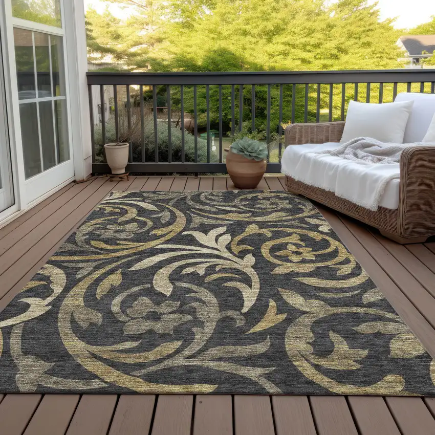 Black Taupe And Gold Floral Washable Indoor Outdoor Area Rug Photo 7