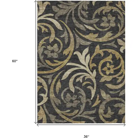 Black Taupe And Gold Floral Washable Indoor Outdoor Area Rug Photo 7