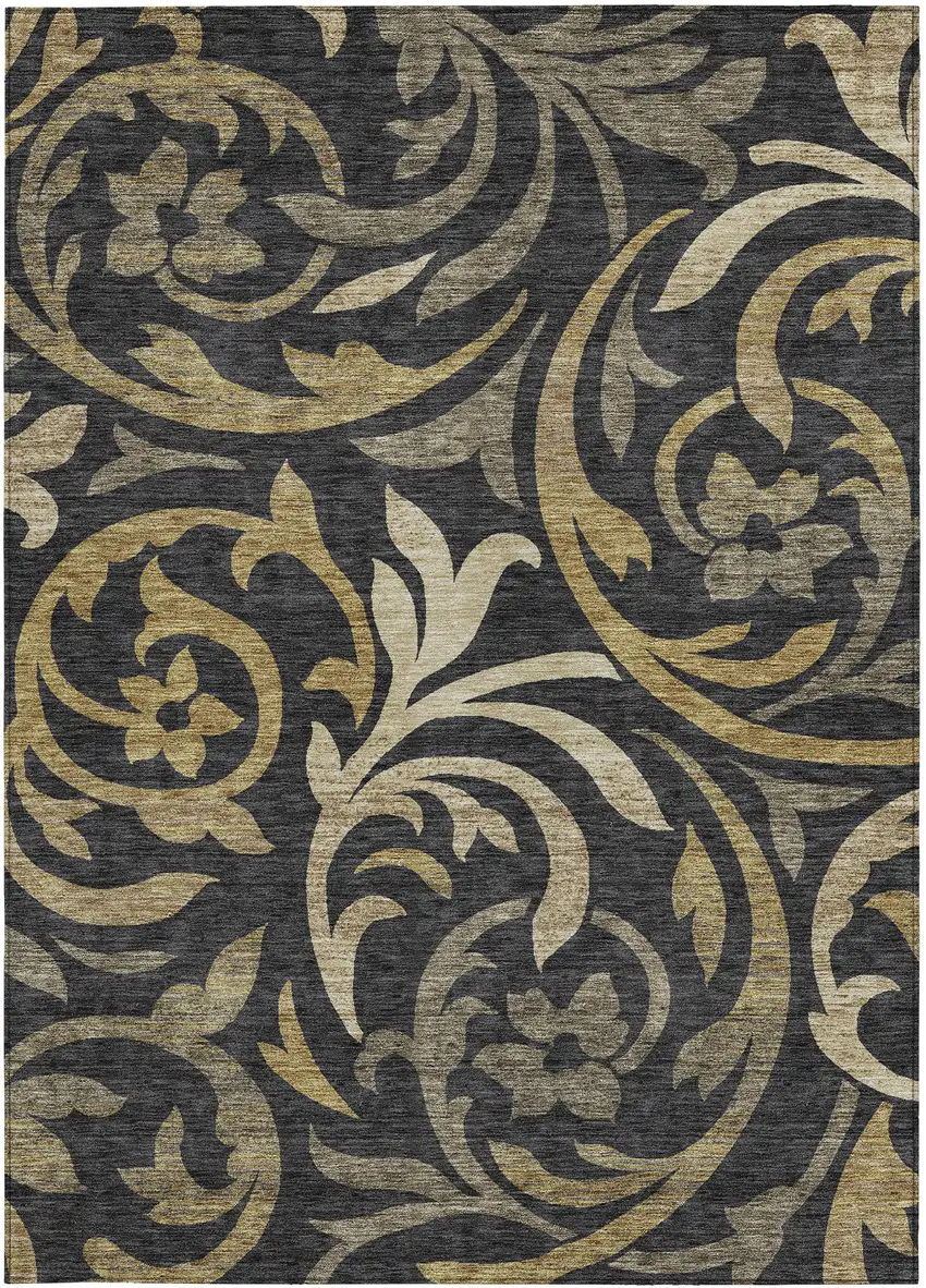 Black Taupe And Gold Floral Washable Indoor Outdoor Area Rug Photo 6
