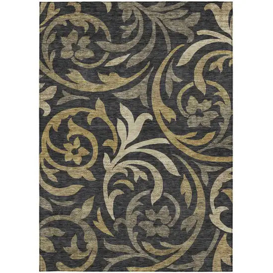Black Taupe And Gold Floral Washable Indoor Outdoor Area Rug Photo 6