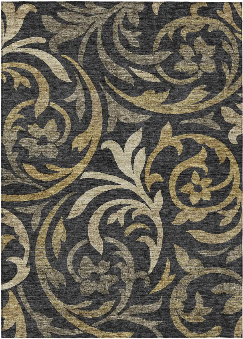 Black Taupe And Gold Floral Washable Indoor Outdoor Area Rug Photo 2