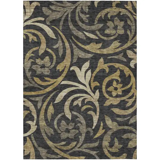 Black Taupe And Gold Floral Washable Indoor Outdoor Area Rug Photo 1