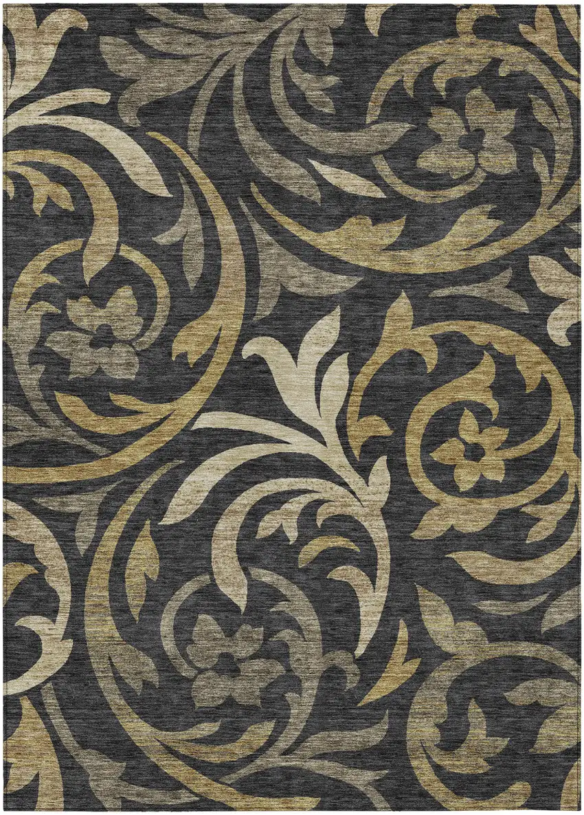 Black Taupe And Gold Floral Washable Indoor Outdoor Area Rug Photo 1