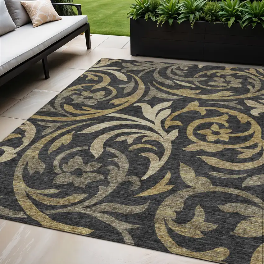 Black Taupe And Gold Floral Washable Indoor Outdoor Area Rug Photo 1