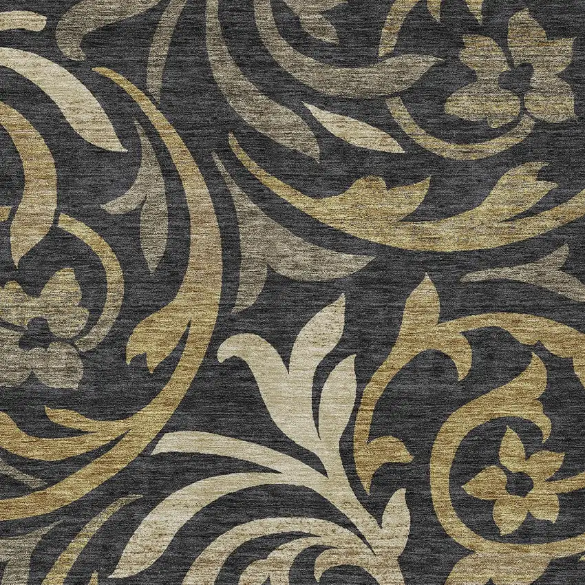 Black Taupe And Gold Floral Washable Indoor Outdoor Area Rug Photo 4