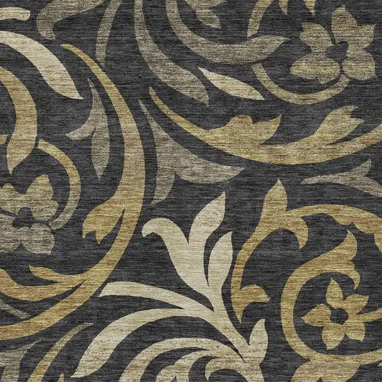 Black Taupe And Gold Floral Washable Indoor Outdoor Area Rug Photo 4