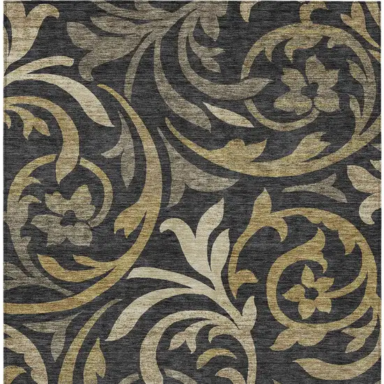 Black Taupe And Gold Floral Washable Indoor Outdoor Area Rug Photo 5