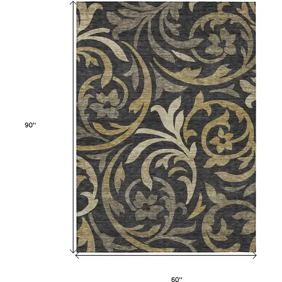 Black Taupe And Gold Floral Washable Indoor Outdoor Area Rug Photo 3