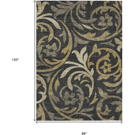 Black Taupe And Gold Floral Washable Indoor Outdoor Area Rug Photo 3