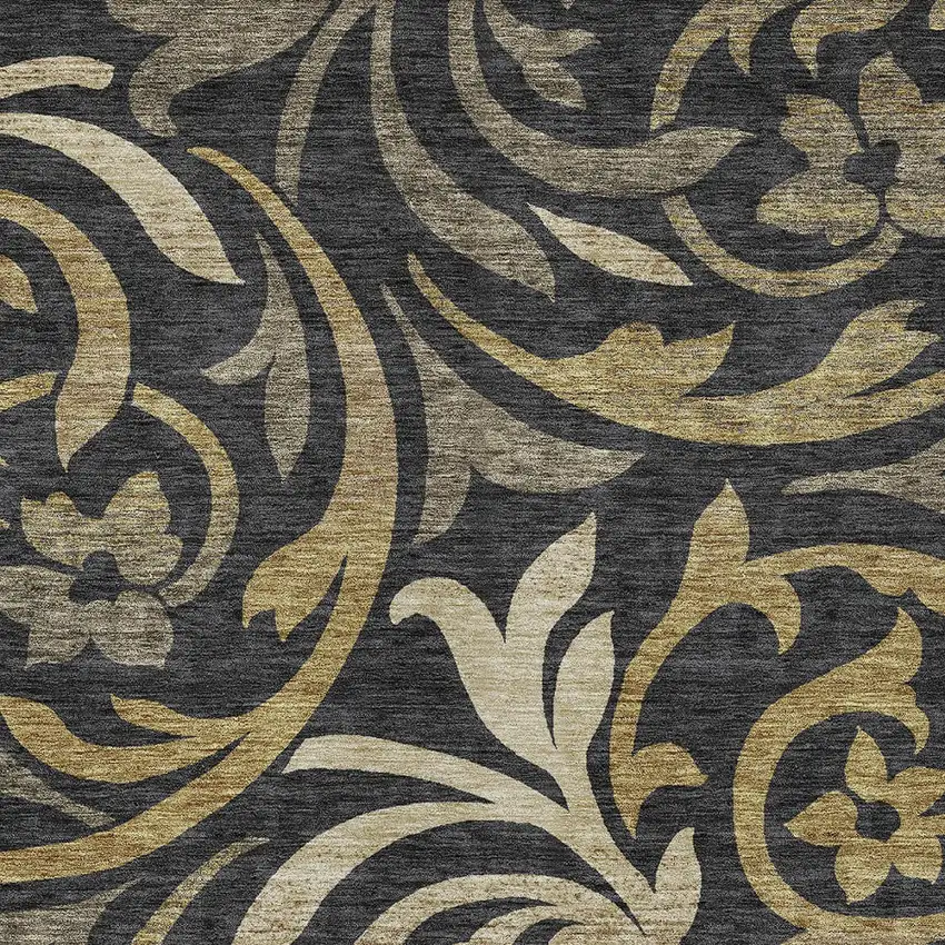 Black Taupe And Gold Floral Washable Indoor Outdoor Area Rug Photo 4