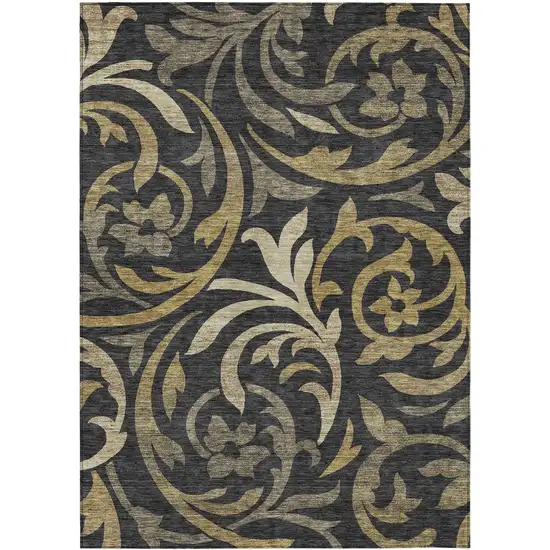 Black Taupe And Gold Floral Washable Indoor Outdoor Area Rug Photo 1