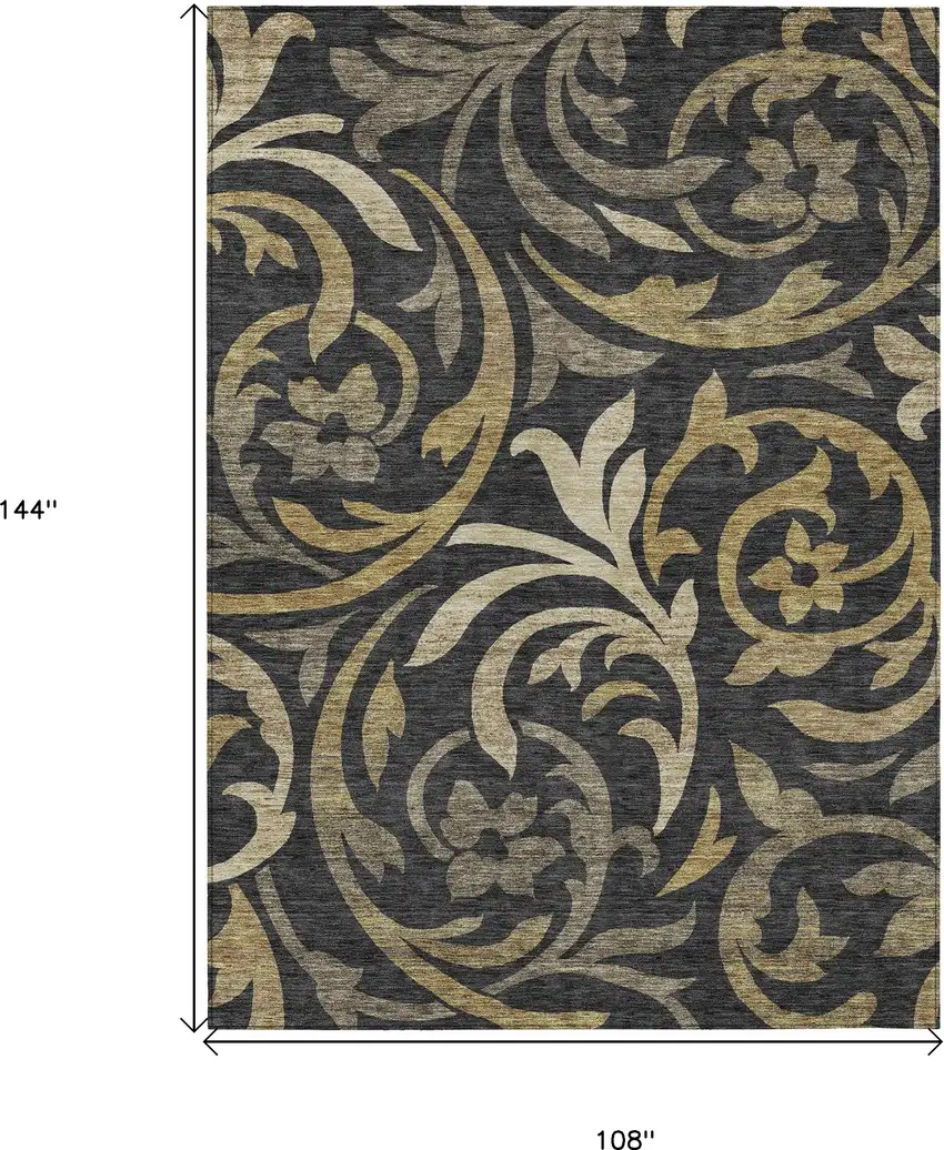 Black Taupe And Gold Floral Washable Indoor Outdoor Area Rug Photo 3