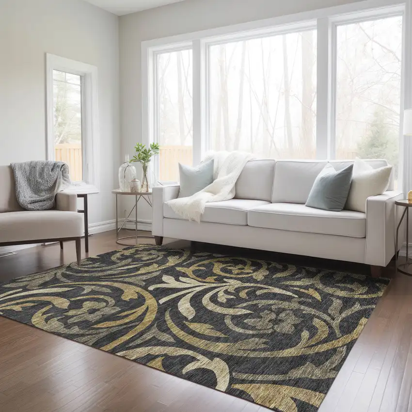 Black Taupe And Gold Floral Washable Indoor Outdoor Area Rug Photo 8