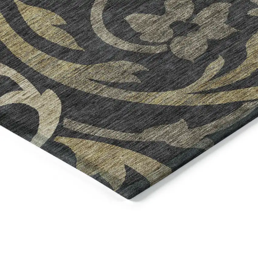 Black Taupe And Gold Floral Washable Indoor Outdoor Area Rug Photo 3