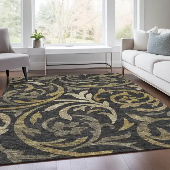 Black Taupe And Gold Floral Washable Indoor Outdoor Area Rug Photo 7