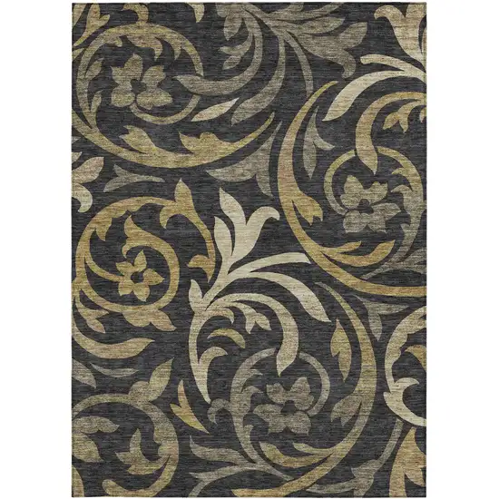 Black Taupe And Gold Floral Washable Indoor Outdoor Area Rug Photo 5