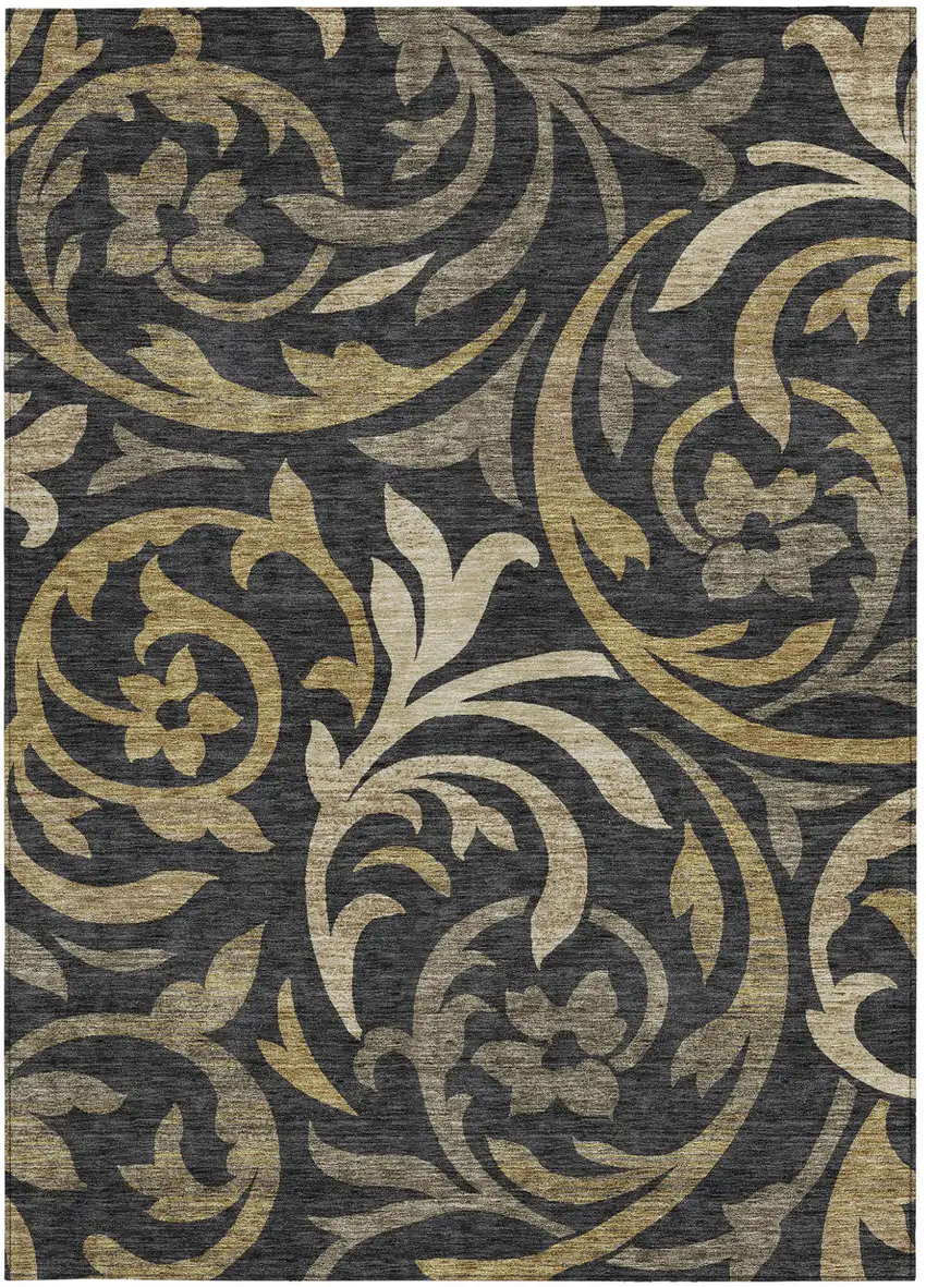 Black Taupe And Gold Floral Washable Indoor Outdoor Area Rug Photo 5
