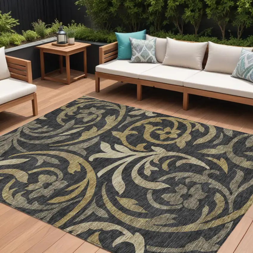 Black Taupe And Gold Floral Washable Indoor Outdoor Area Rug Photo 1