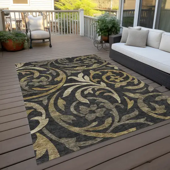 Black Taupe And Gold Floral Washable Indoor Outdoor Area Rug Photo 9