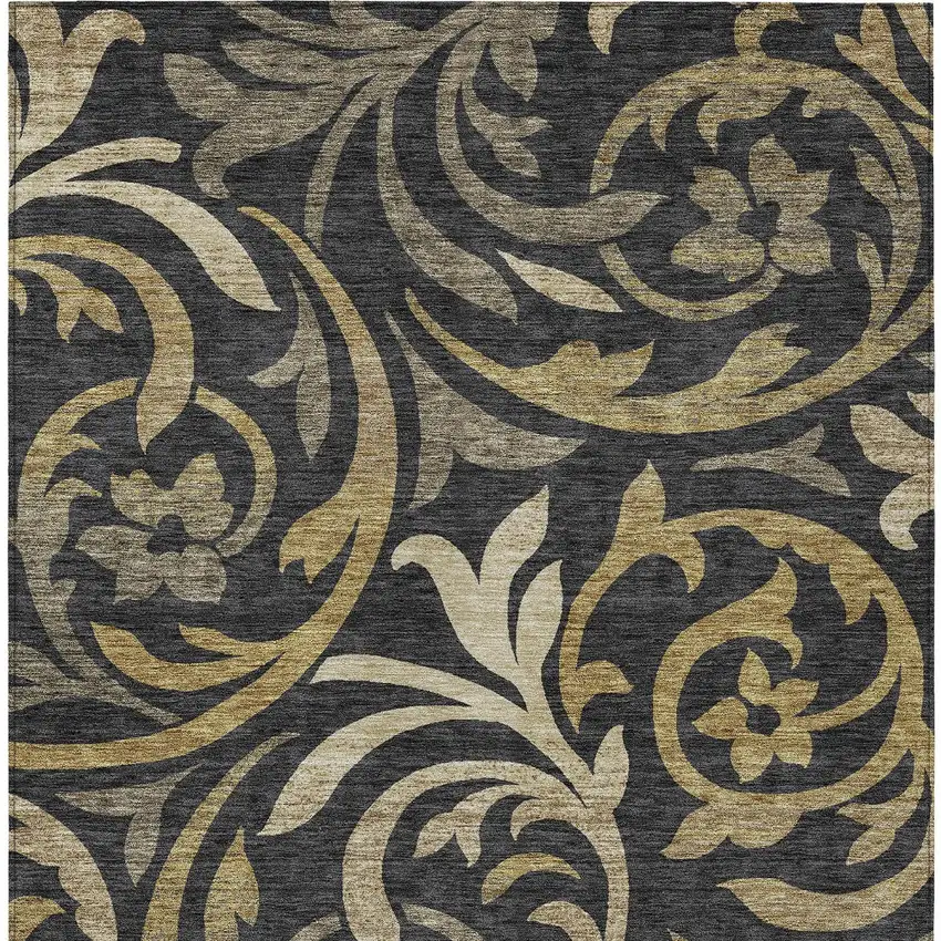 Black Taupe And Gold Floral Washable Indoor Outdoor Area Rug Photo 4