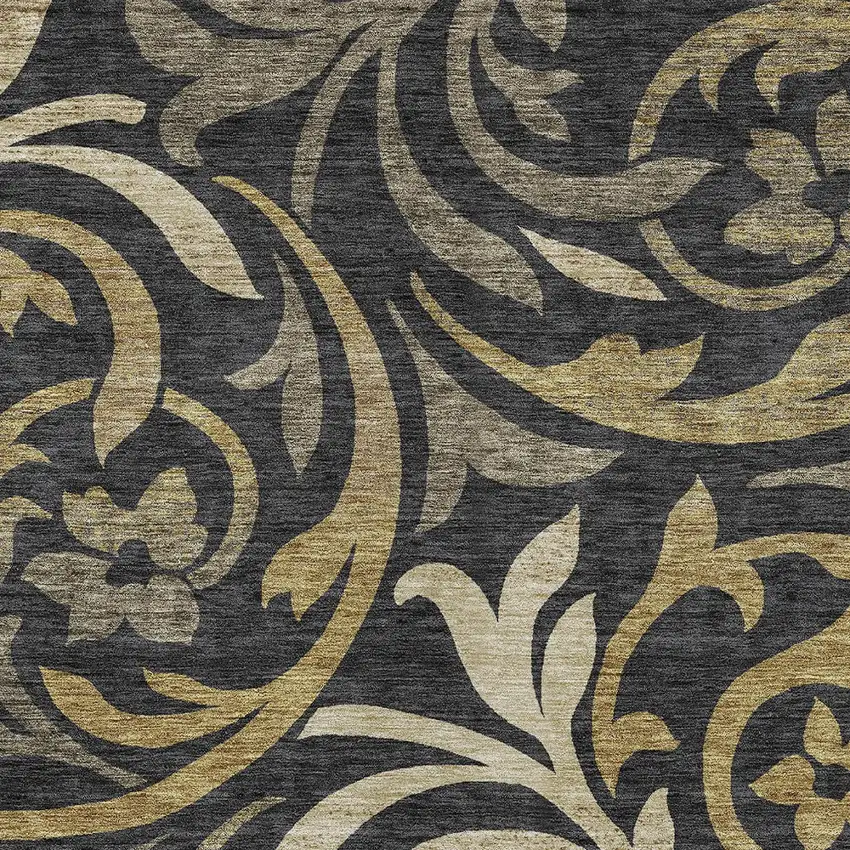 Black Taupe And Gold Floral Washable Indoor Outdoor Area Rug Photo 4