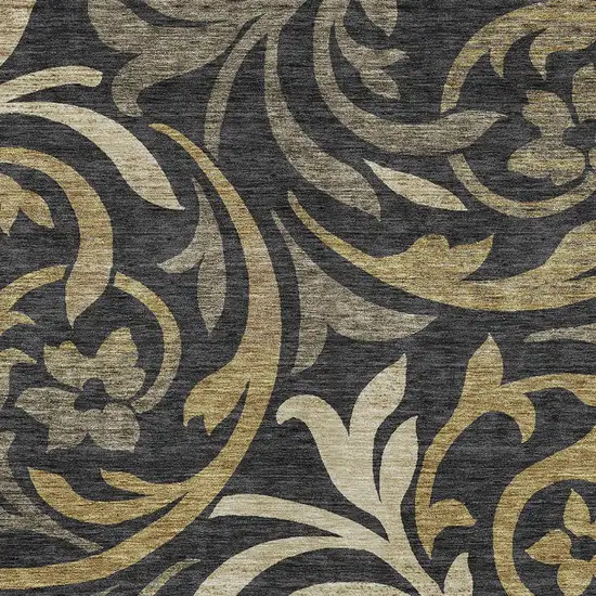 Black Taupe And Gold Floral Washable Indoor Outdoor Area Rug Photo 4
